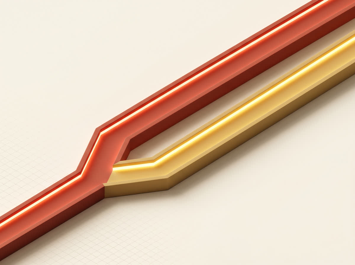 Two parallel golden and red paths diverging and reconverging, representing an A/B pricing test.