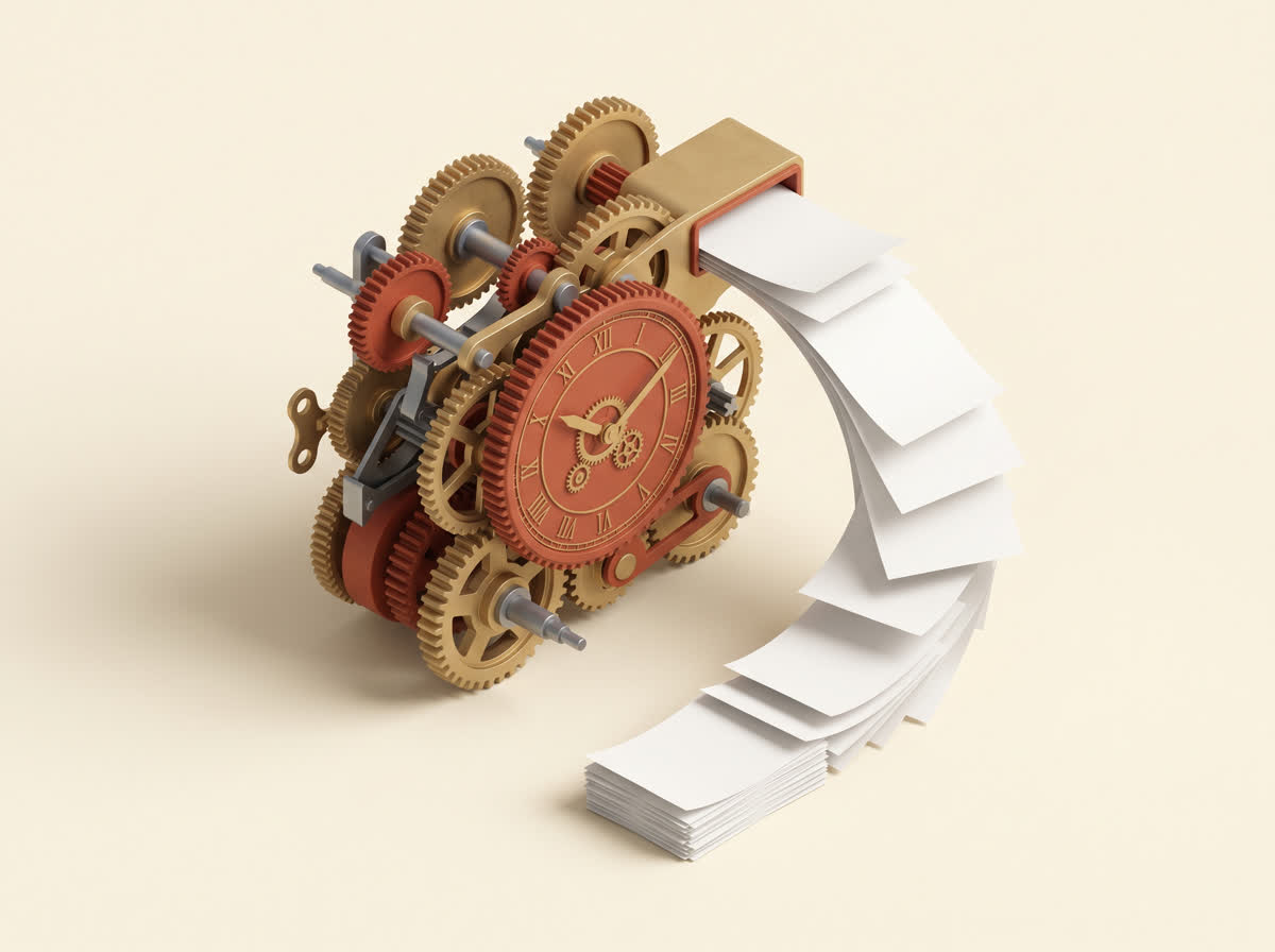 Interlocking clockwork gears spitting out receipts and reports, representing built-in automations.