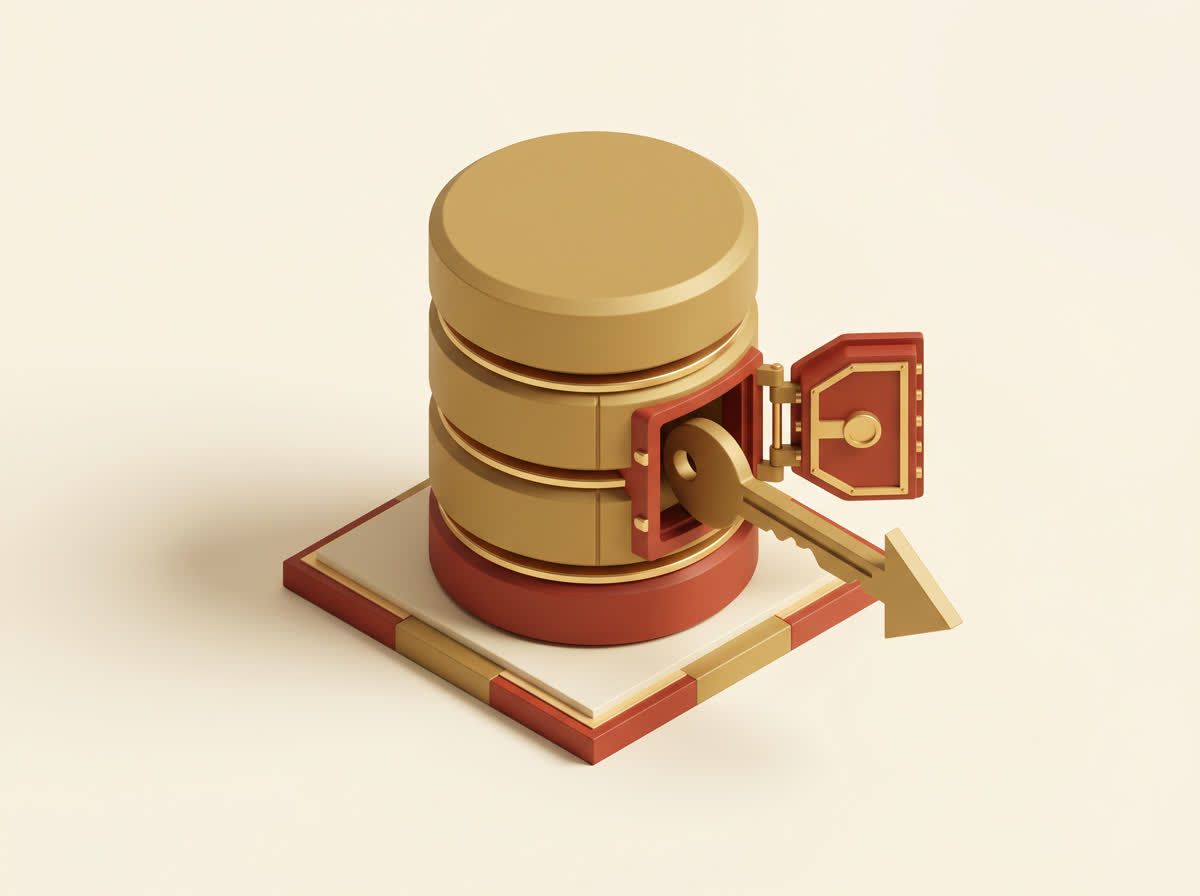 A golden database with a key and an open safe door, representing full data ownership.