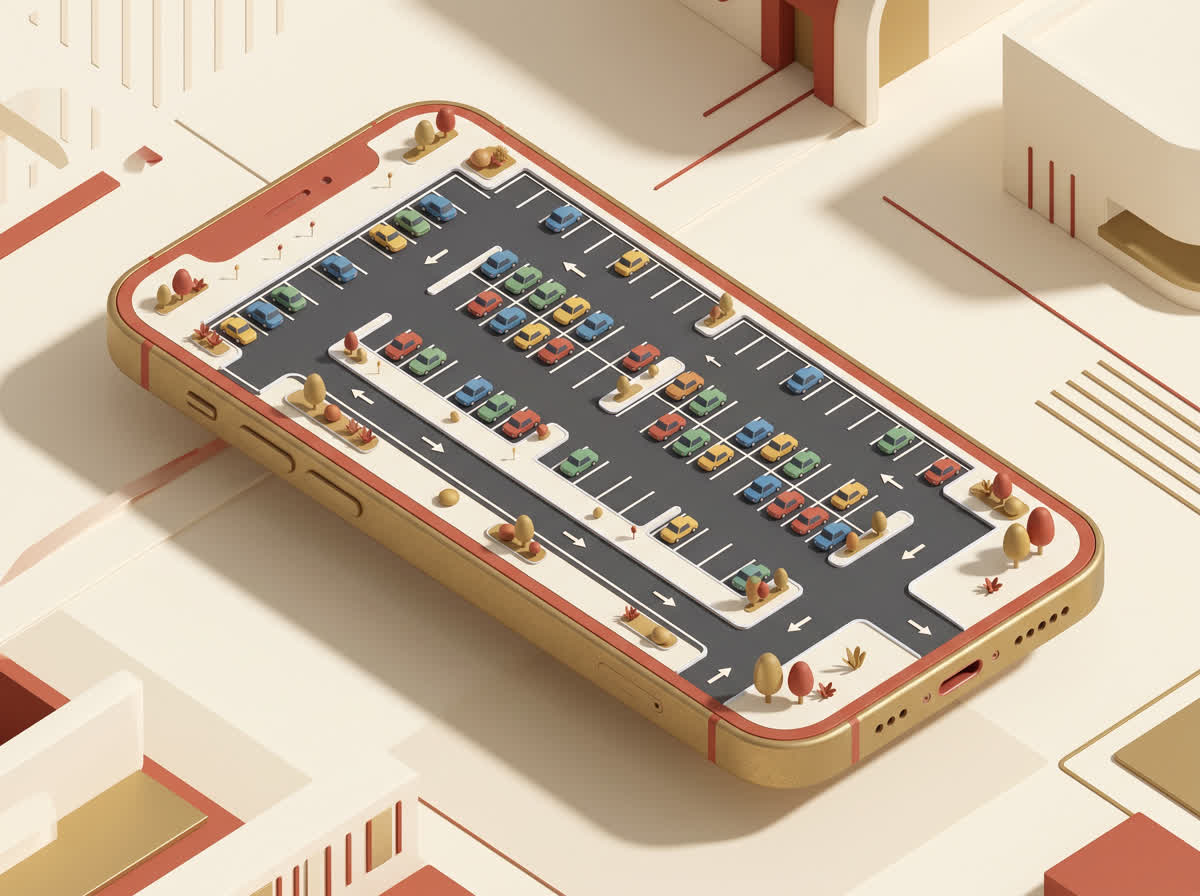 An iPhone showing a live parking lot floorplan with cars from above, representing live lot monitoring.