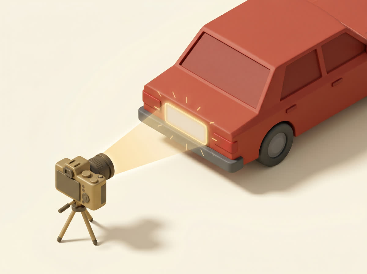 A camera photographing a car license plate, representing automatic plate recognition.