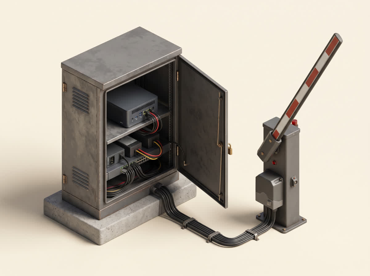 An industrial equipment cabinet with a mini-PC and a red gate arm, representing on-premise hardware.