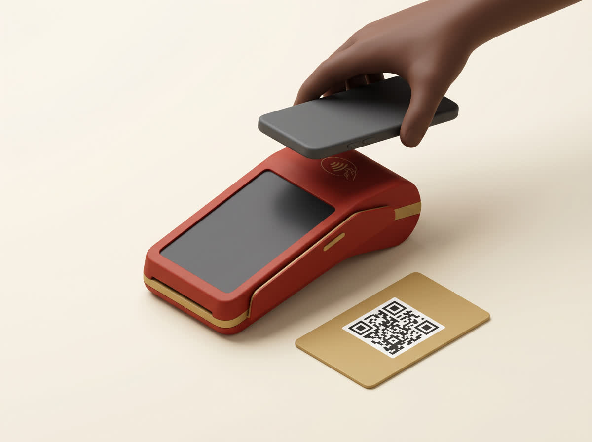 Brick-red payment terminal with a phone tapping the reader and a QR code card, representing every pay method.