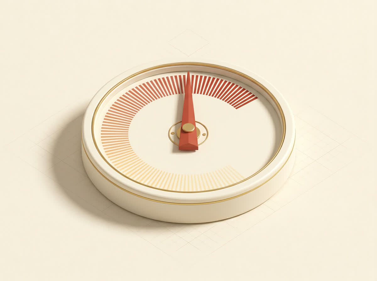 An ornate brass gauge with a red needle rising past the peak, representing automatic surge pricing.