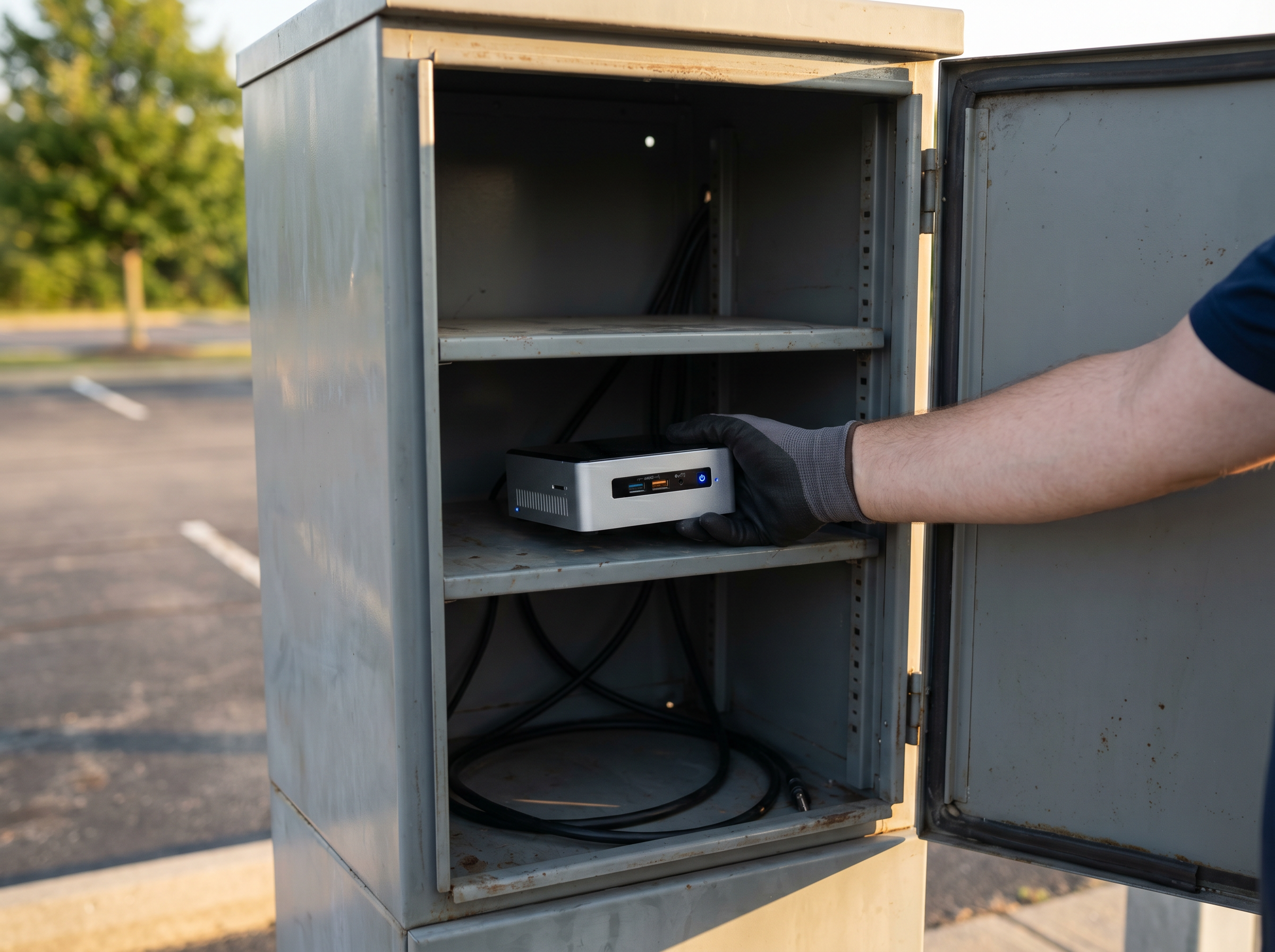 Technician hands installing a BankTheLot mini-PC controller in a parking lot equipment cabinet — a drop-in PARCS brain replacement